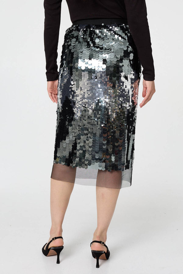 Green | Sequin Embellished Mesh Layer Midi Skirt
