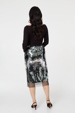Green | Sequin Embellished Mesh Layer Midi Skirt
