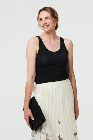Beige | Butterfly Print Pleated Mesh Midi Skirt
