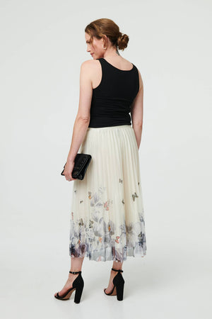 Beige | Butterfly Print Pleated Mesh Midi Skirt
