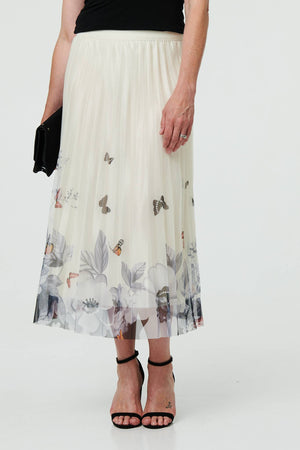 Beige | Butterfly Print Pleated Mesh Midi Skirt
