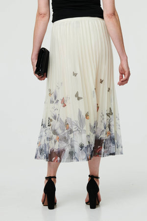 Beige | Butterfly Print Pleated Mesh Midi Skirt
