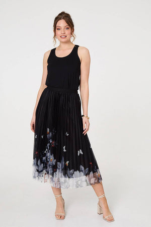 Black | Butterfly Print Pleated Mesh Midi Skirt
