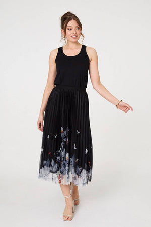 Black | Butterfly Print Pleated Mesh Midi Skirt  : Model is 5'9