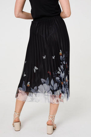 Black | Butterfly Print Pleated Mesh Midi Skirt
