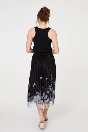 Black | Butterfly Print Pleated Mesh Midi Skirt
