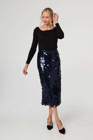Navy | Sequin Embellished Straight Midi Skirt : Model is 5'10