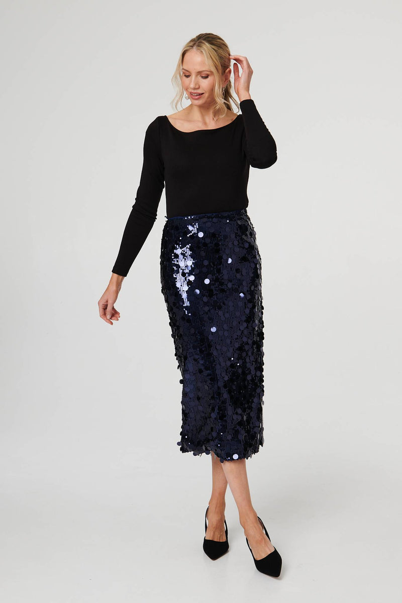 Sequin Embellished Straight Midi Skirt