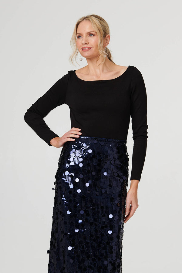 Navy | Sequin Embellished Straight Midi Skirt

