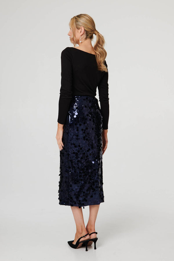 Navy | Sequin Embellished Straight Midi Skirt
