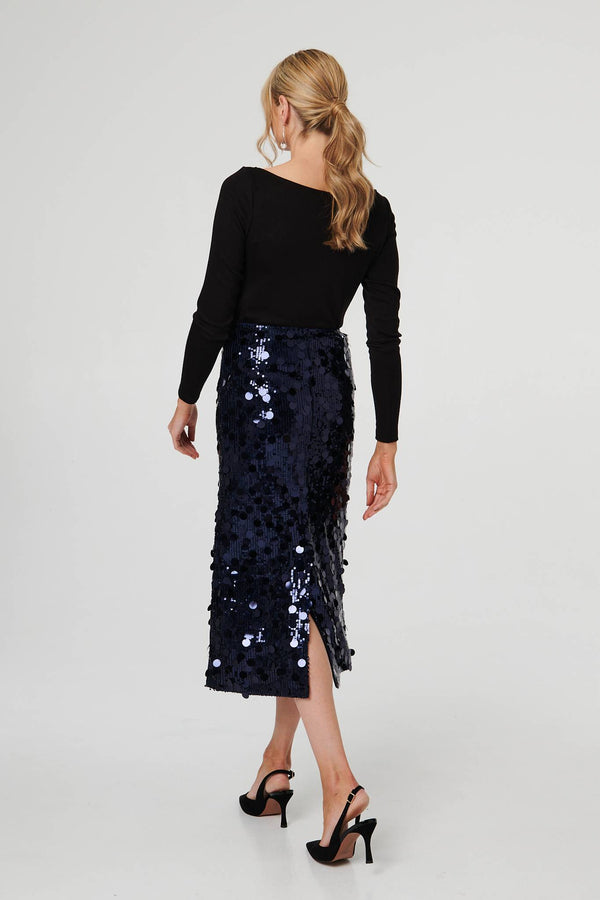 Navy | Sequin Embellished Straight Midi Skirt
