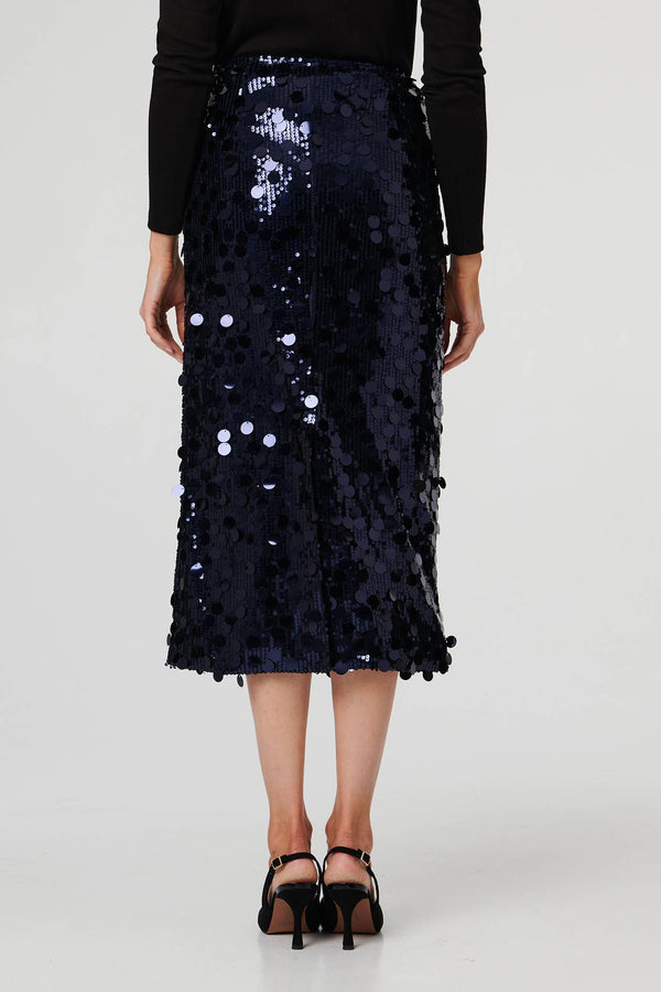 Navy | Sequin Embellished Straight Midi Skirt
