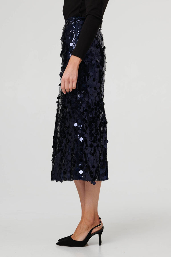 Navy | Sequin Embellished Straight Midi Skirt
