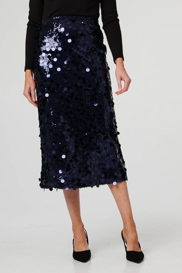 Navy | Sequin Embellished Straight Midi Skirt
