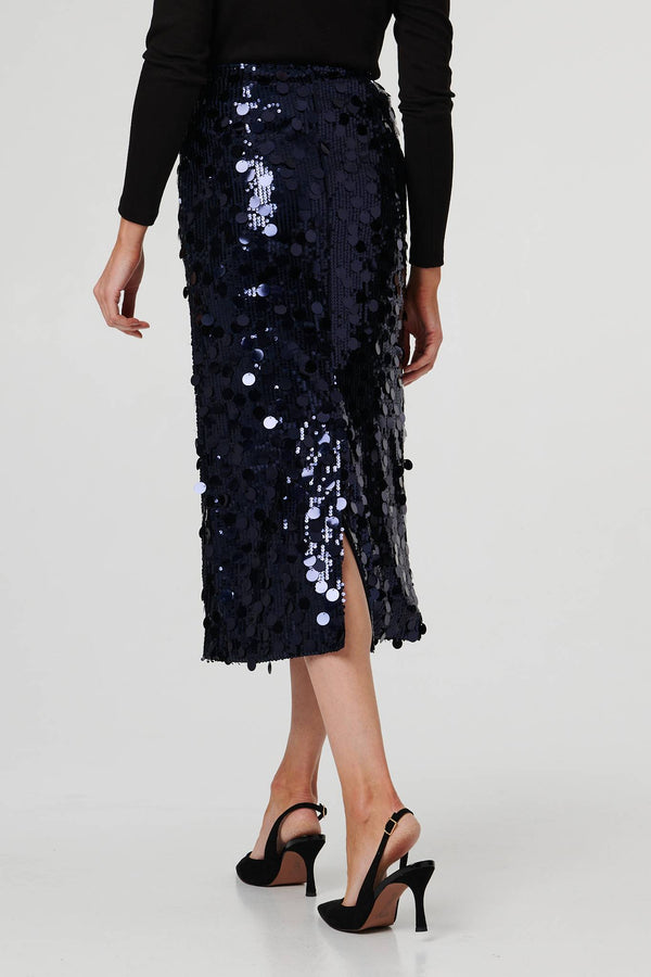 Navy | Sequin Embellished Straight Midi Skirt
