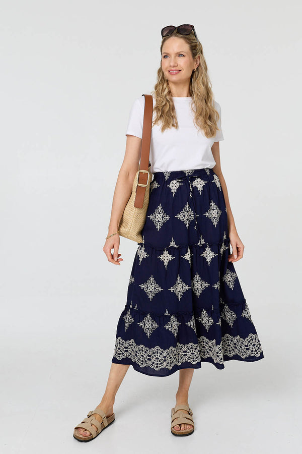 Navy | Printed High Waist Tiered Midi Skirt : Model is 5'10"/178 cm and wears UK10/EU38/US6/AUS10