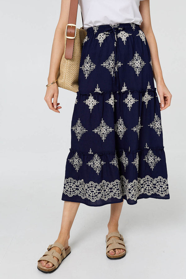 Navy | Printed High Waist Tiered Midi Skirt