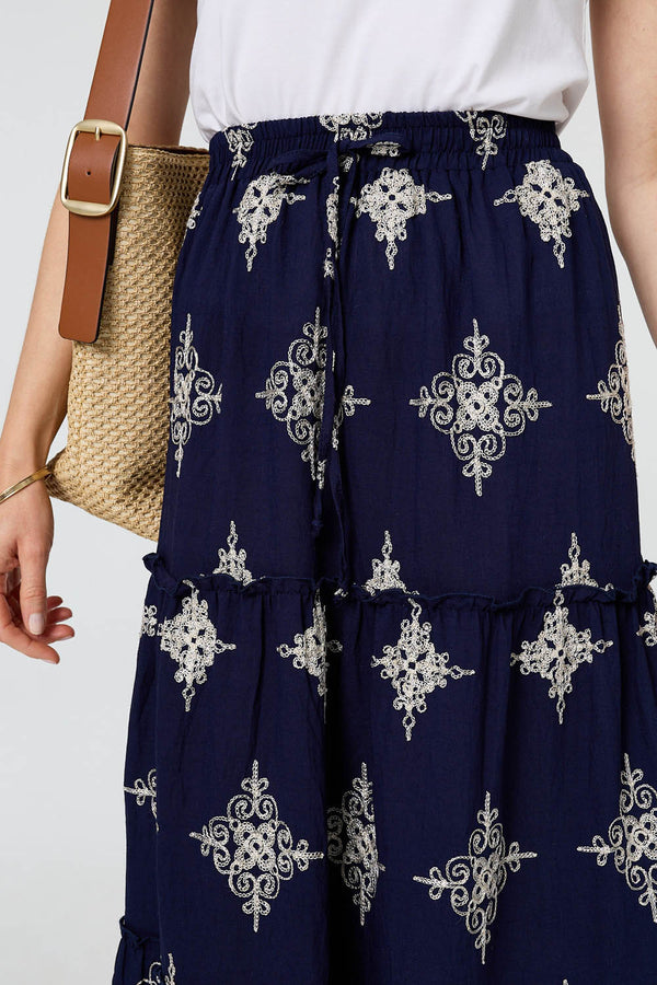 Navy | Printed High Waist Tiered Midi Skirt