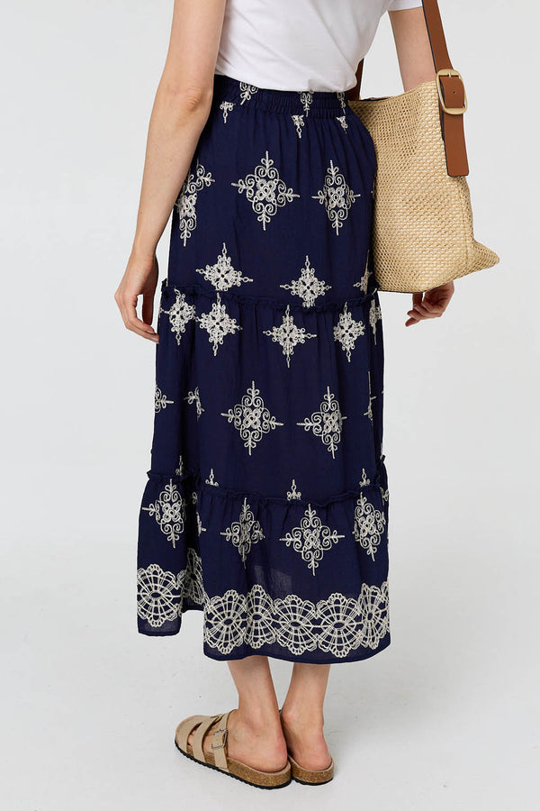 Navy | Printed High Waist Tiered Midi Skirt