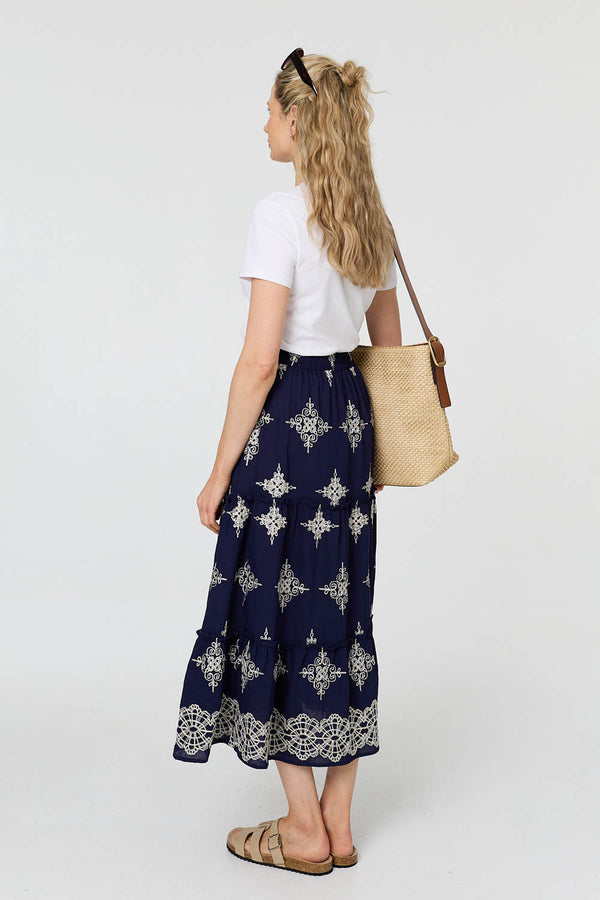 Navy | Printed High Waist Tiered Midi Skirt