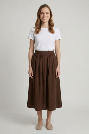 Brown | A-Line High Waist Midi Skirt : Model is 5'6