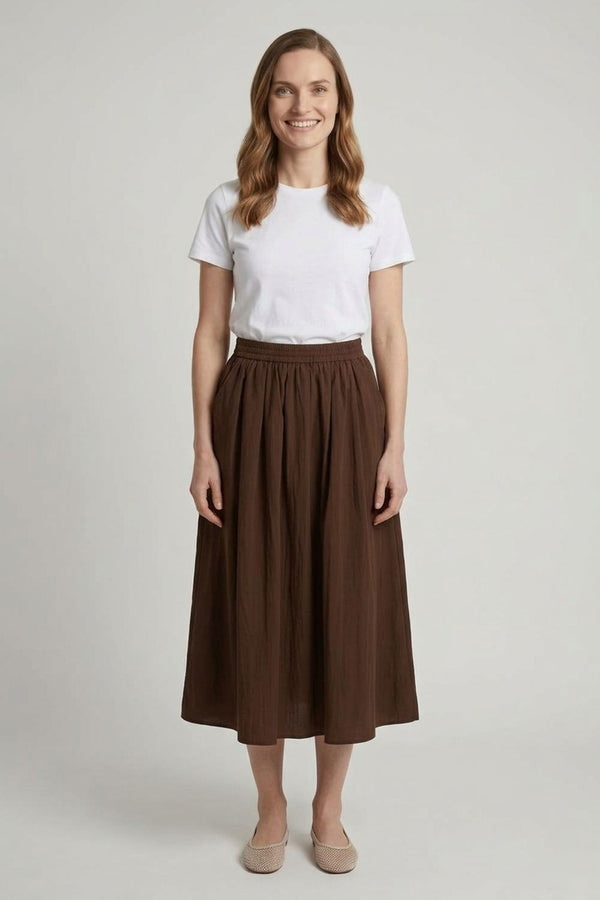Brown | A-Line High Waist Midi Skirt