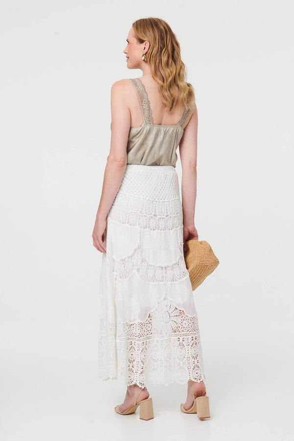 White | Crochet Textured High Waist Maxi Skirt