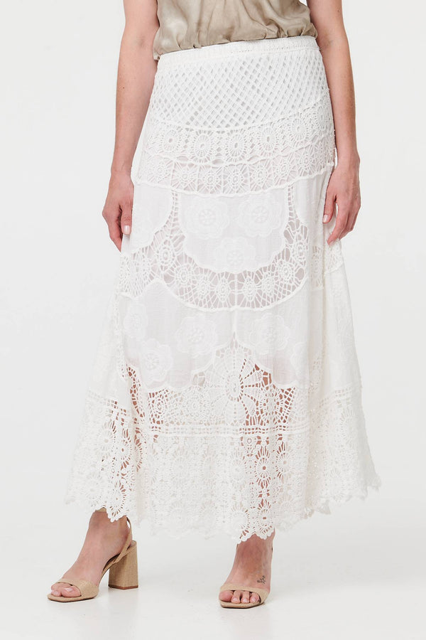 White | Crochet Textured High Waist Maxi Skirt