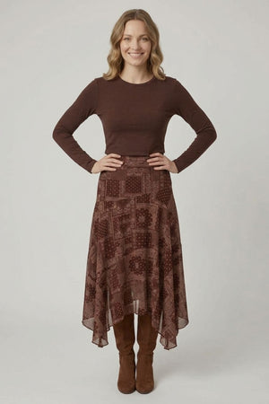 Brown | Patchwork Print Hanky Hem Layered Skirt