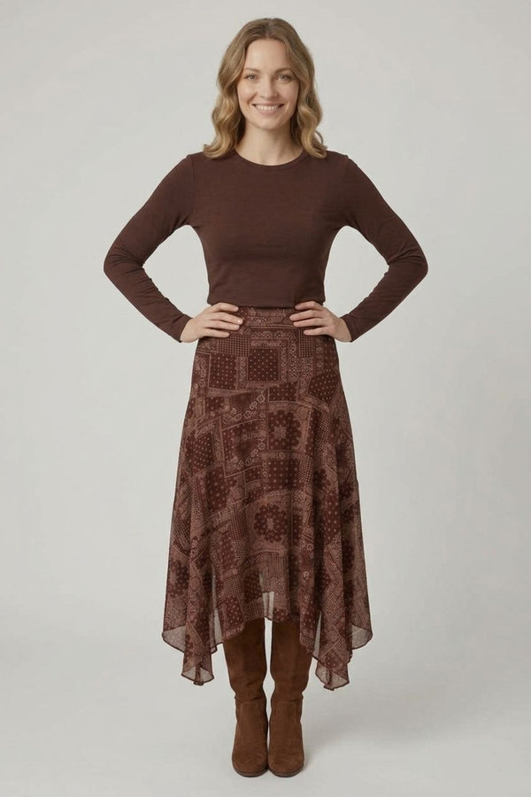 Brown | Patchwork Print Hanky Hem Layered Skirt
