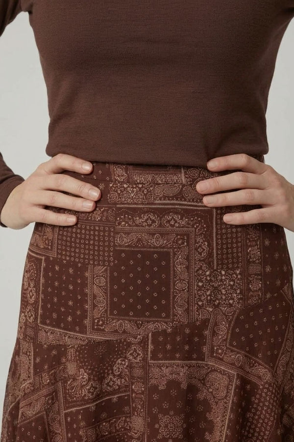 Brown | Patchwork Print Hanky Hem Layered Skirt