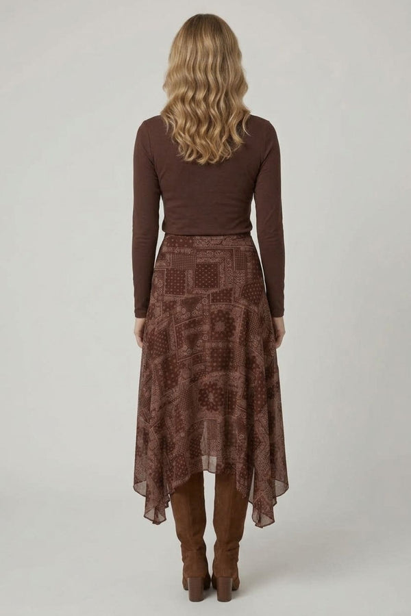 Brown | Patchwork Print Hanky Hem Layered Skirt