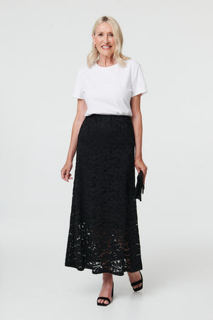 Black | Lace Texture Layer High Waist Maxi Skirt