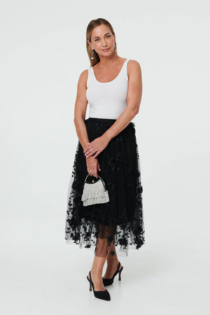 Black | Semi Sheer Embroidered Mesh Midi Skirt