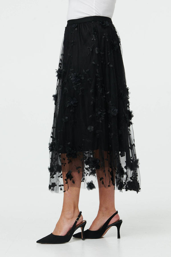 Black | Semi Sheer Embroidered Mesh Midi Skirt