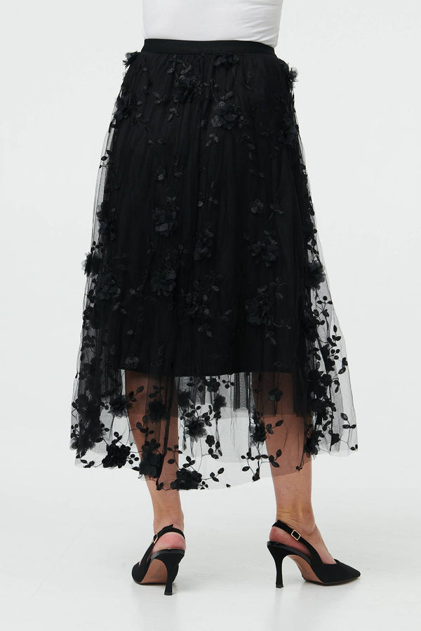 Black | Semi Sheer Embroidered Mesh Midi Skirt