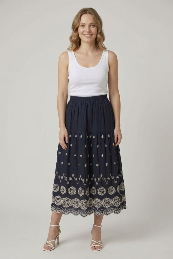 Navy | Embroidered High Waist Midi Skirt