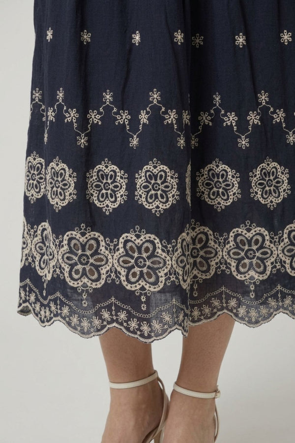 Navy | Embroidered High Waist Midi Skirt