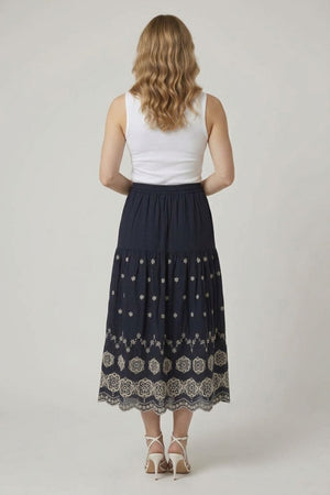 Navy | Embroidered High Waist Midi Skirt