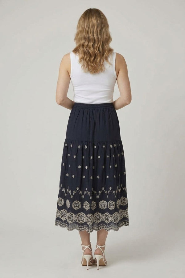Navy | Embroidered High Waist Midi Skirt