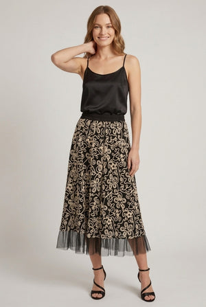Black | Floral Mesh Hem A-Line Midi Skirt