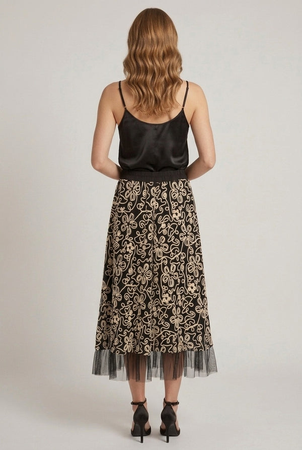 Black | Floral Mesh Hem A-Line Midi Skirt