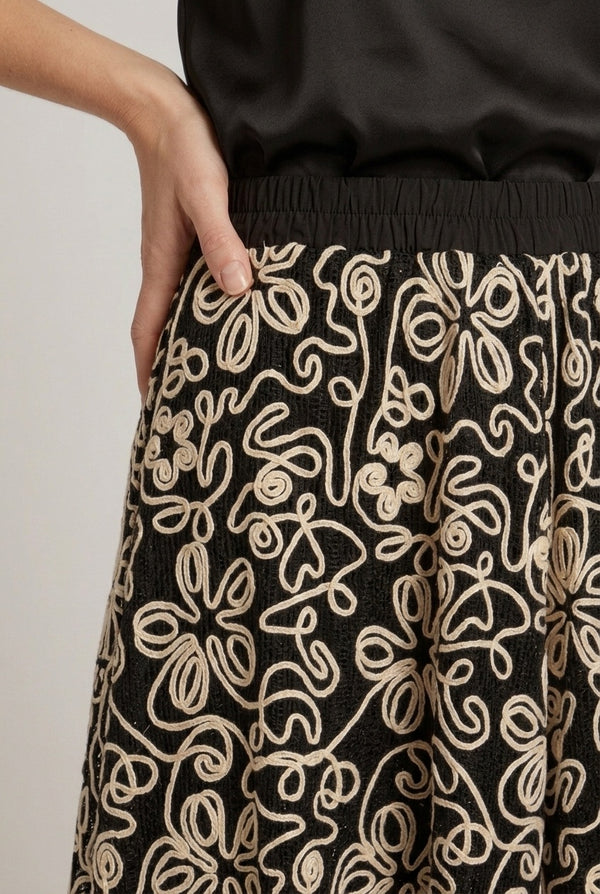 Black | Floral Mesh Hem A-Line Midi Skirt
