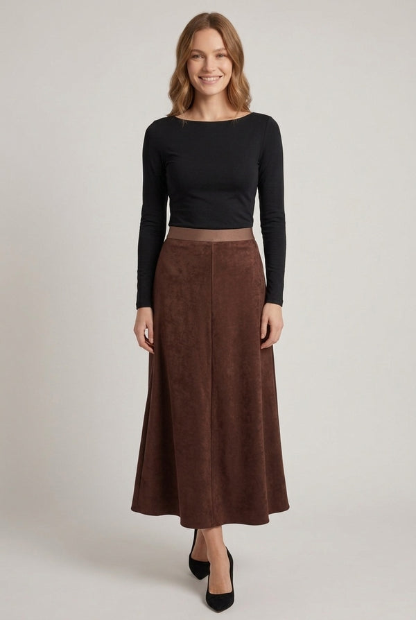 Brown | Faux Suede High Waist A-Line Maxi Skirt