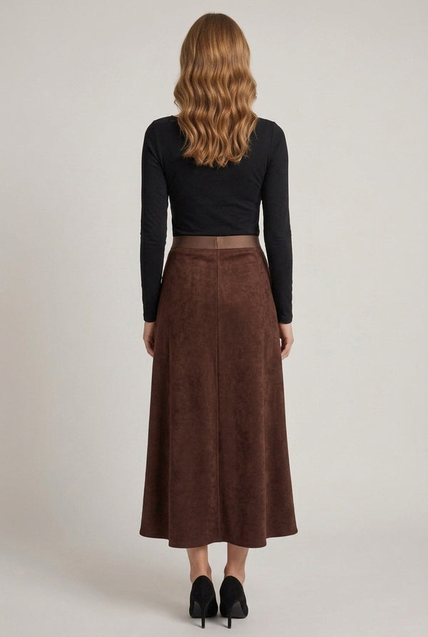 Brown | Faux Suede High Waist A-Line Maxi Skirt