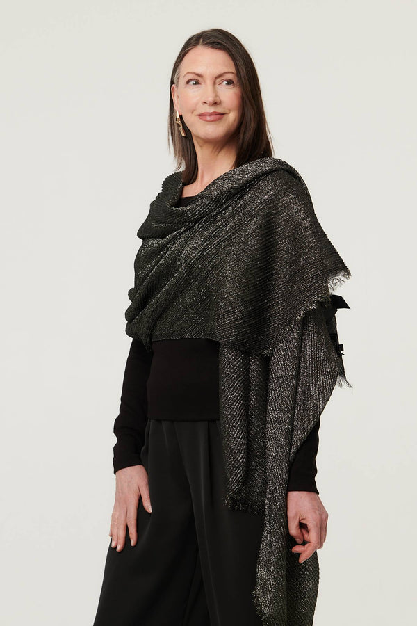 Black | Sparkly Textured Long Shawl Scarf : Model is 5'8"/172 cm and wears UK10/EU38/US6/AUS10