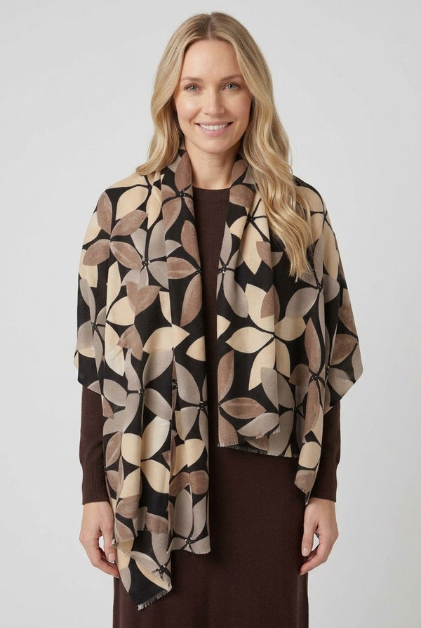 Black | Floral Print Soft Texture Large Scarf