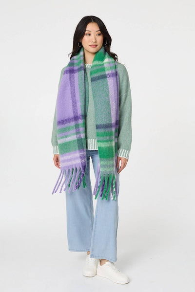 Purple | Checked Print Oversized Fringed Scarf

