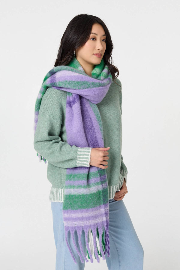 Purple | Checked Print Oversized Fringed Scarf
