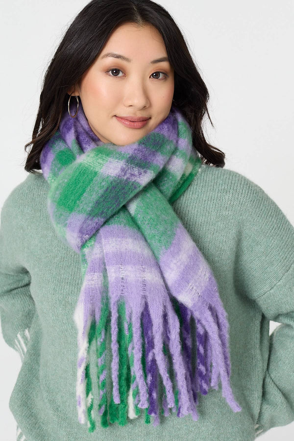 Purple | Checked Print Oversized Fringed Scarf
